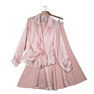 VTG Together 2 Pc Set Tie Front Top Maxi Skirt sz 16 Peach Satin Shimmer